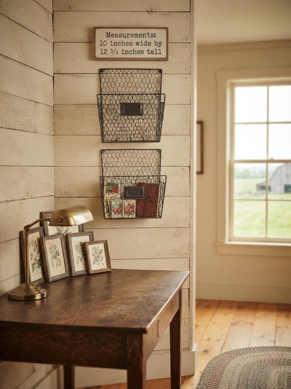 2 Rustic wall-mounted metal chicken wire basket designed for storage and display